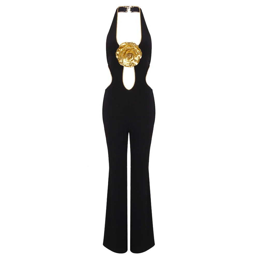 Gold 3D Flower Key Hole V Black Jumpsuit
