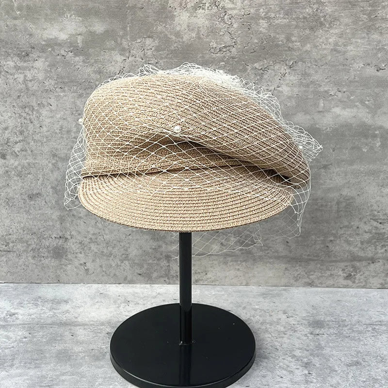 Elegant Mesh Pearl Beret Wool Equestrian Hat Vintage Style