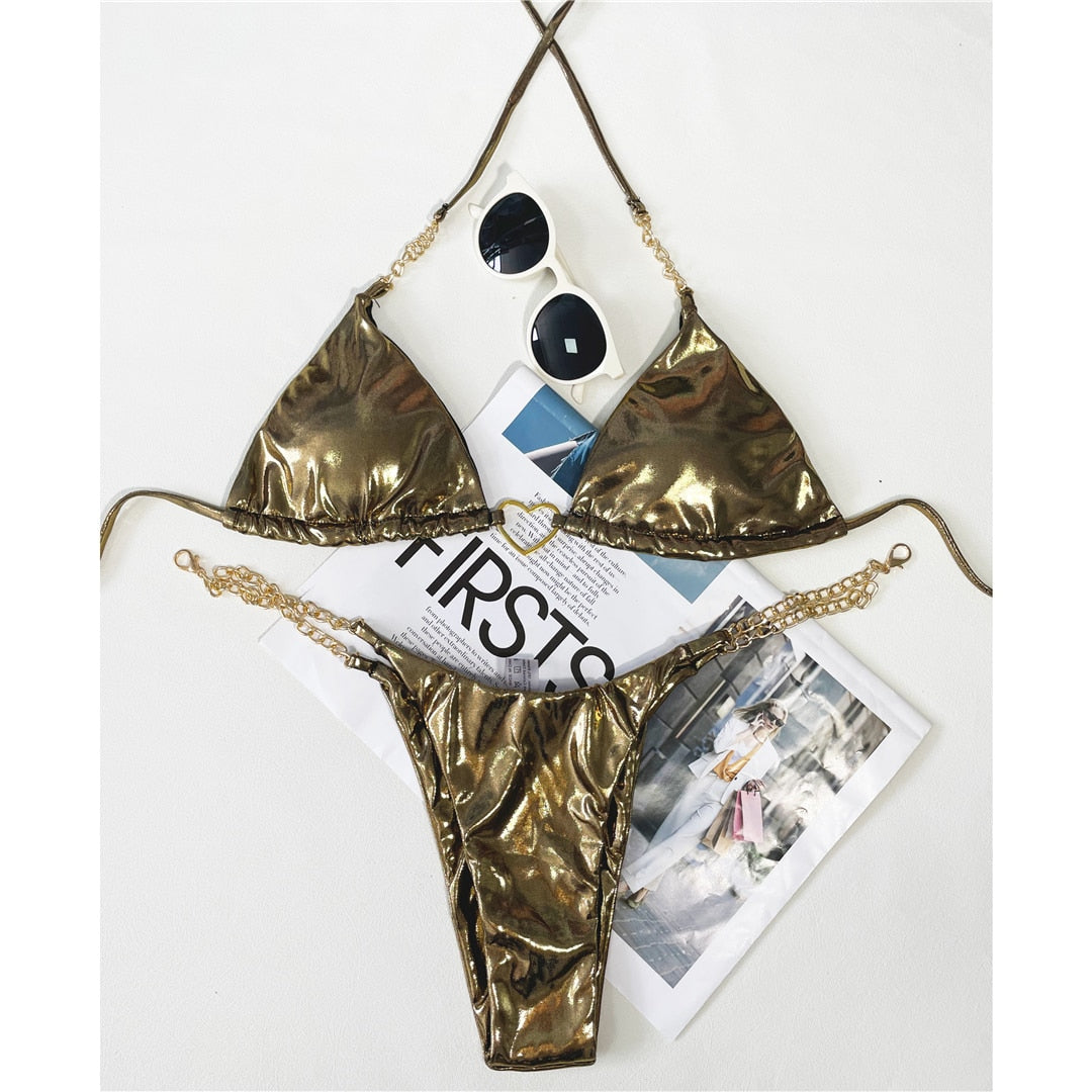 PU Faux Leather Metal Heart Bikini Sets