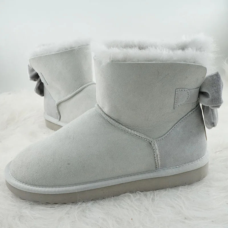 Genuine Leather Snow Boots Velvet Back Bow