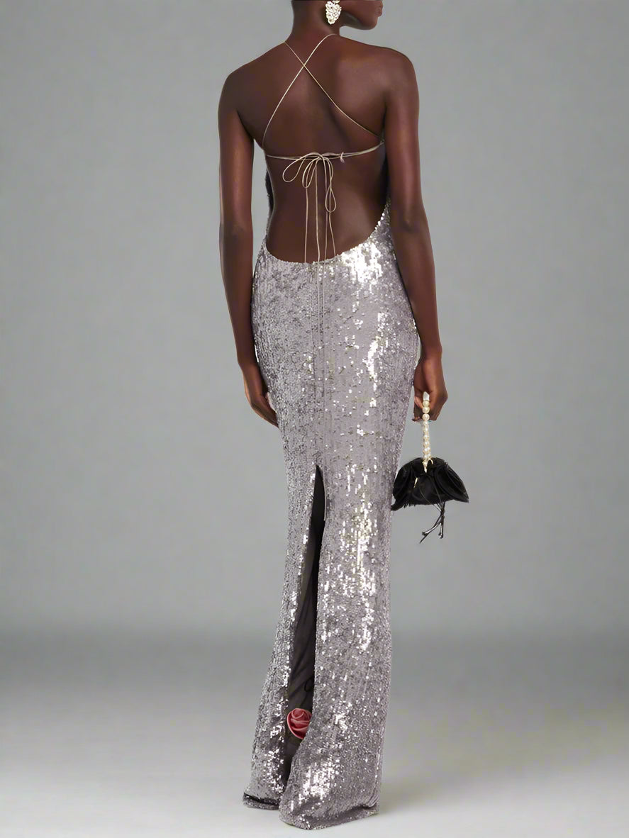 3D Flower Silver Sequin Halter Backless Long Dress