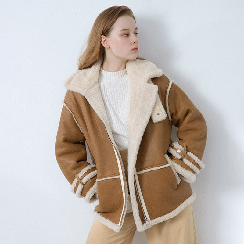 Genuine Leather Coat Real Shearing Fur Lining