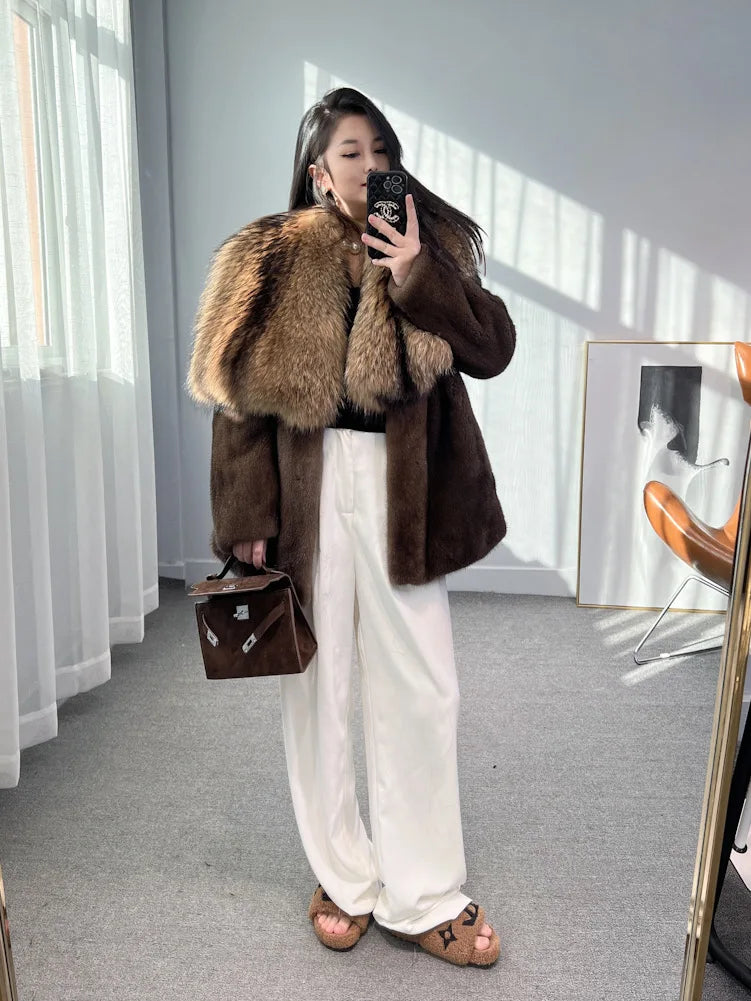 Luxury Real Mink Fur Coat Huge Fox Fur Collar