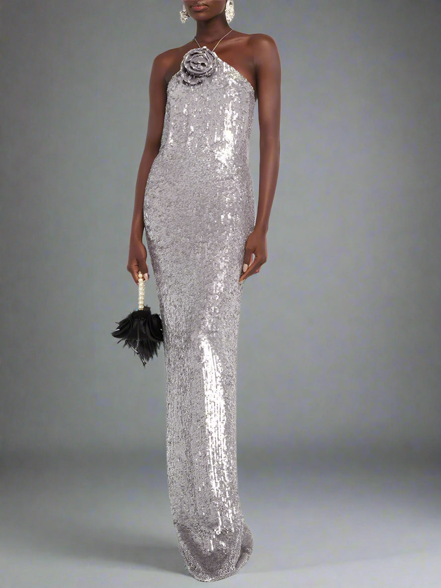 3D Flower Silver Sequin Halter Backless Long Dress