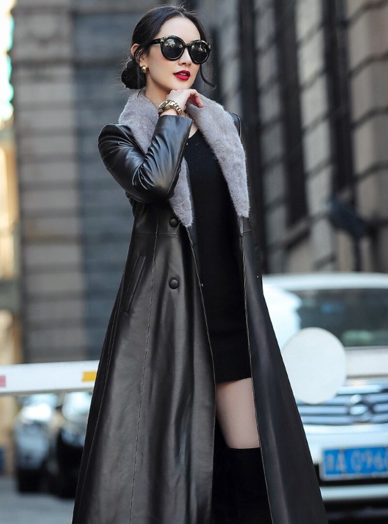 Genuine Leather Duck Down Mink Fur Collar X-Long Coats
