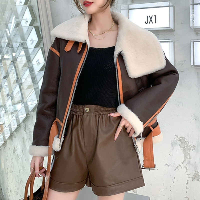 Genuine Leather Coats Real Fur Shearing Lining