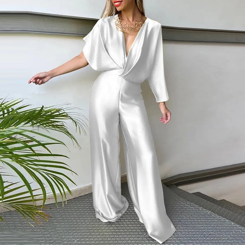 Deep V Short Sleeve Wide Leg Jumpsuits