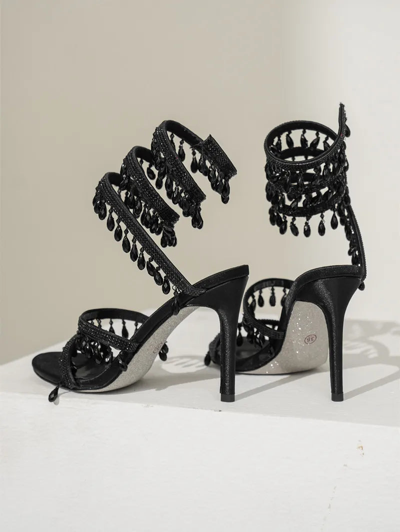 Crystal Pendant Tassels Twine Around Ankle High Heels