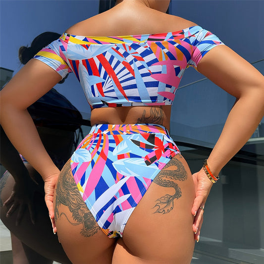 Printed Short Sleeve High Waist Bikini