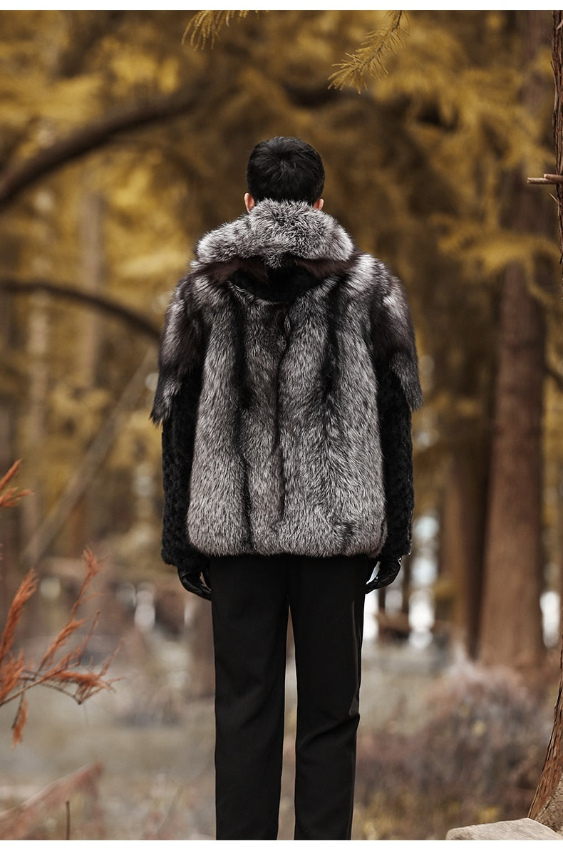 Real Fox Fur Hooded Coats Black Real Mink Fur Sleeves
