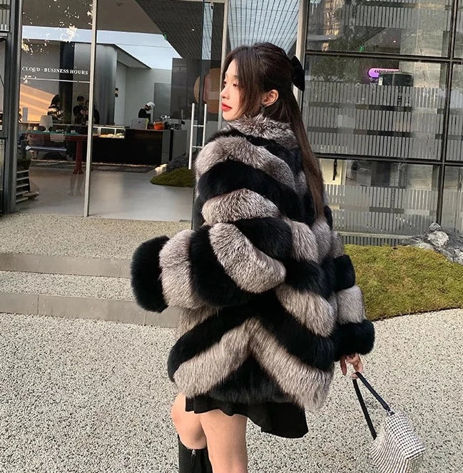 Silver & Black Pattern Real Fox Fur Coats