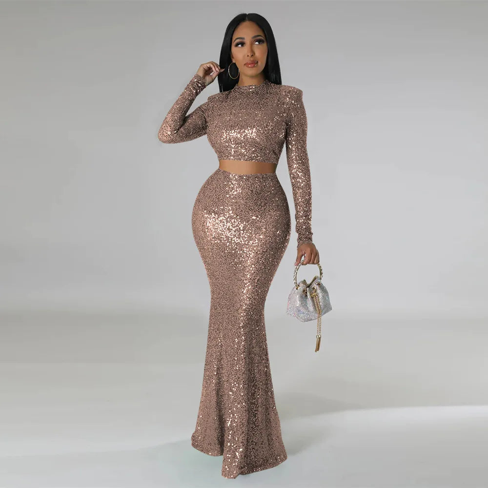 Sequins O-neck Crop Top & Maxi Skirt Sets