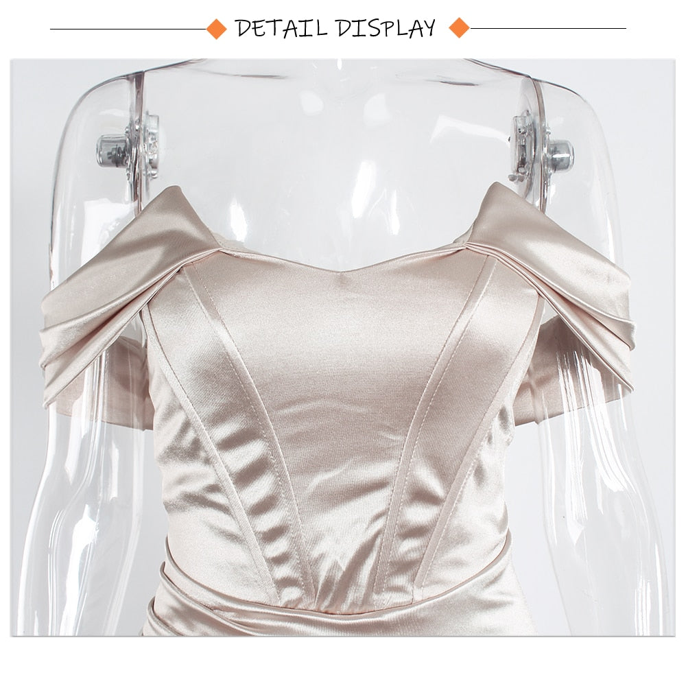 Satin Off The Shoulder Pleated Mid Split Dresses