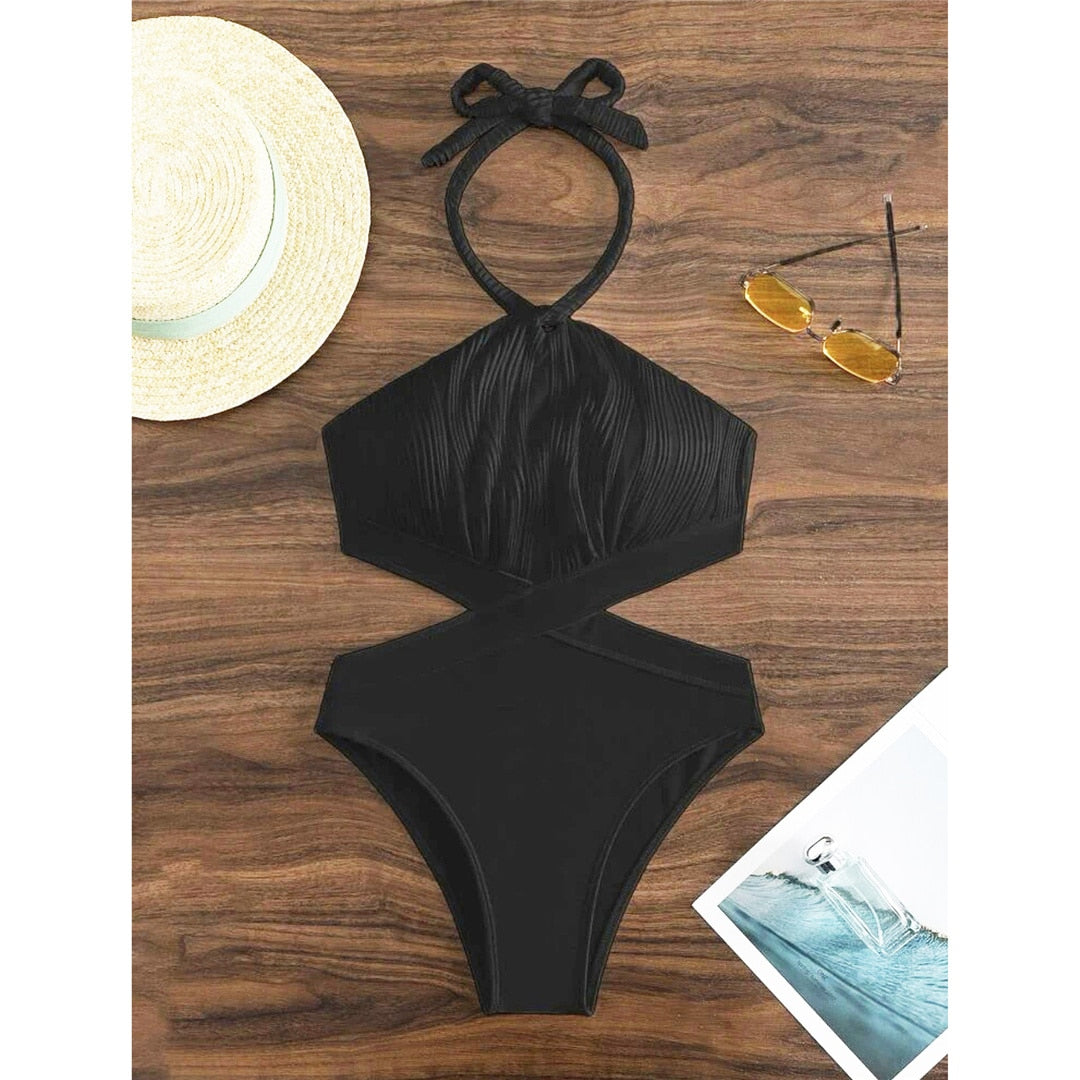 Halter Cut Out Wrinkled One Pieces