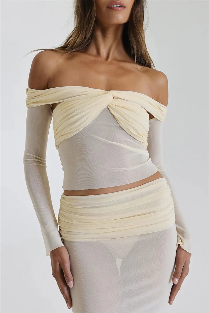 Off-shoulder Sheer Sleeved Crop & Long Skirt Sets