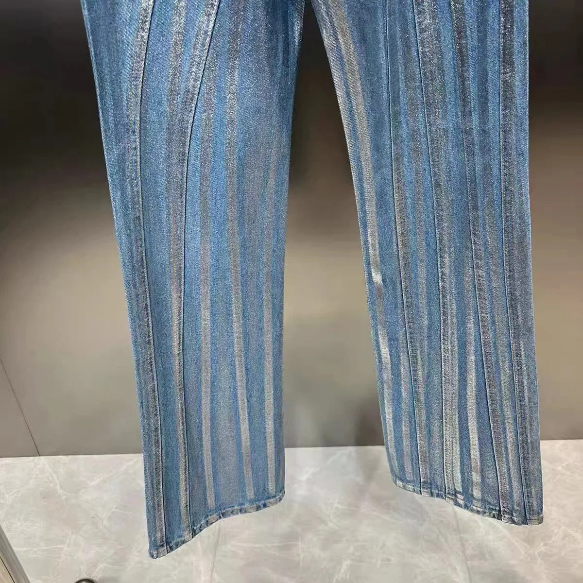 Silver Striped Blue Loose Denim Pants