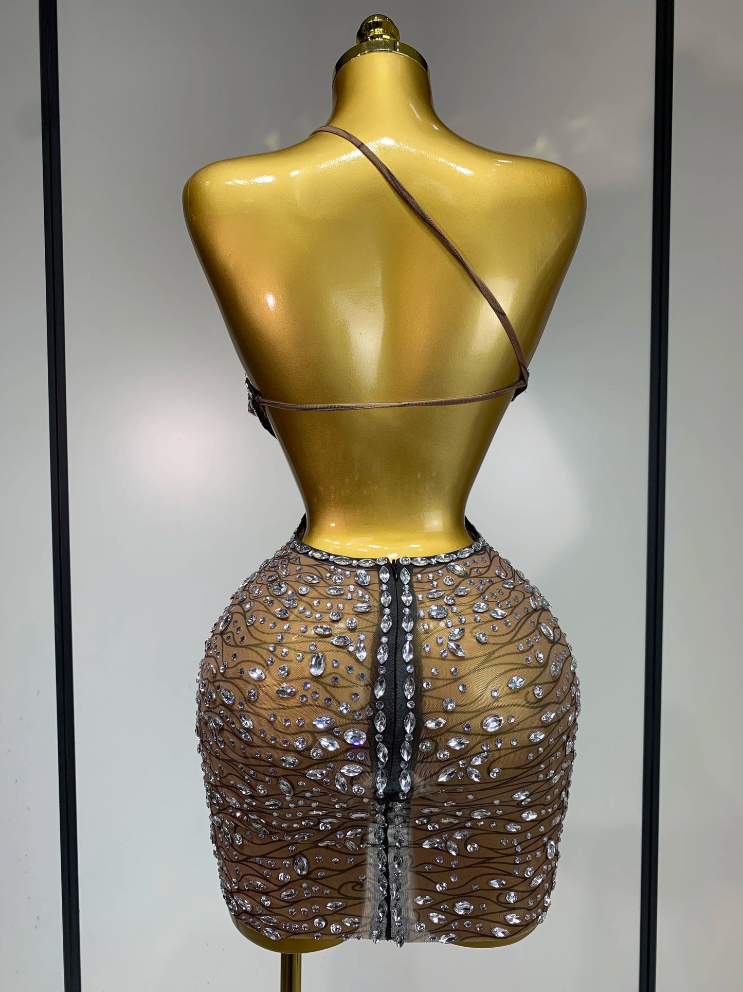 Rhinestone Hollow Backless Mesh Mini Dresses