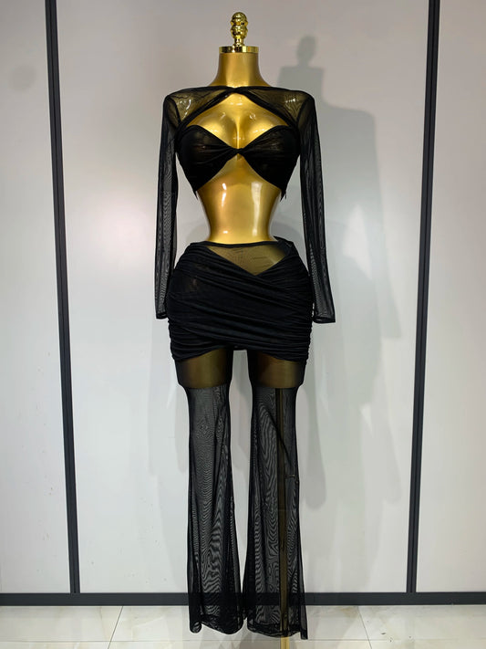 Mesh See Through Long Sleeves Pant Sets
