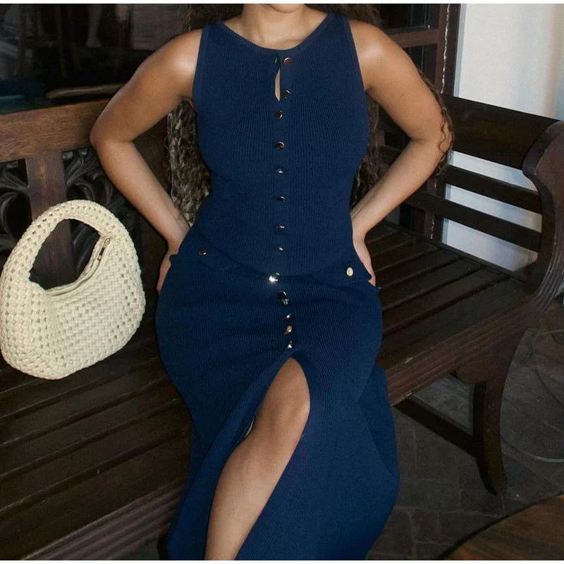 Knitted Sleeveless Button Up Long Dresses