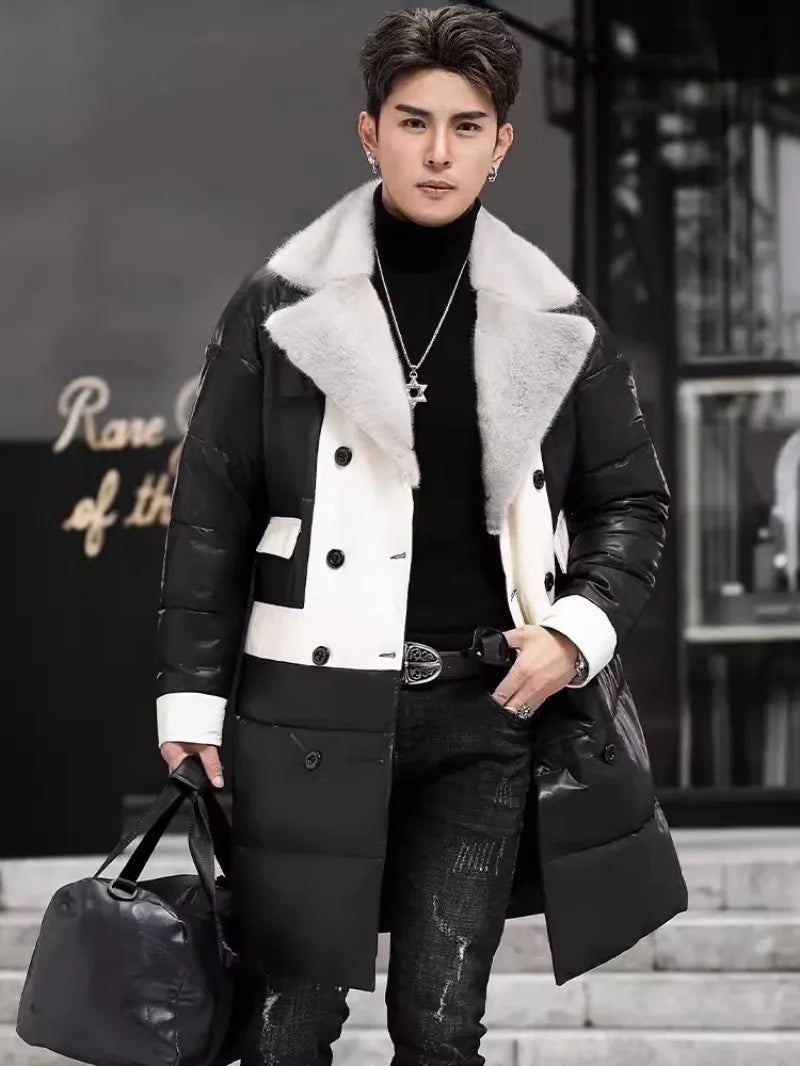 Genuine Leather Long Down Coat Mink Fur Collar