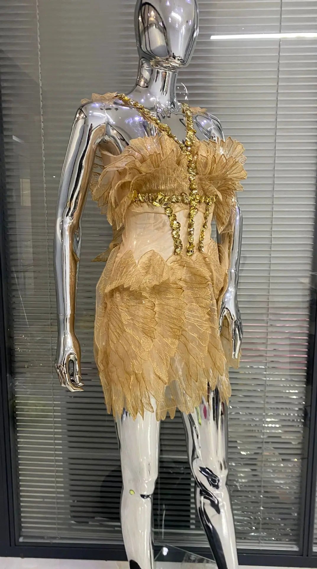 Crystal Wing Feather Mesh Crystal Mini Dresses