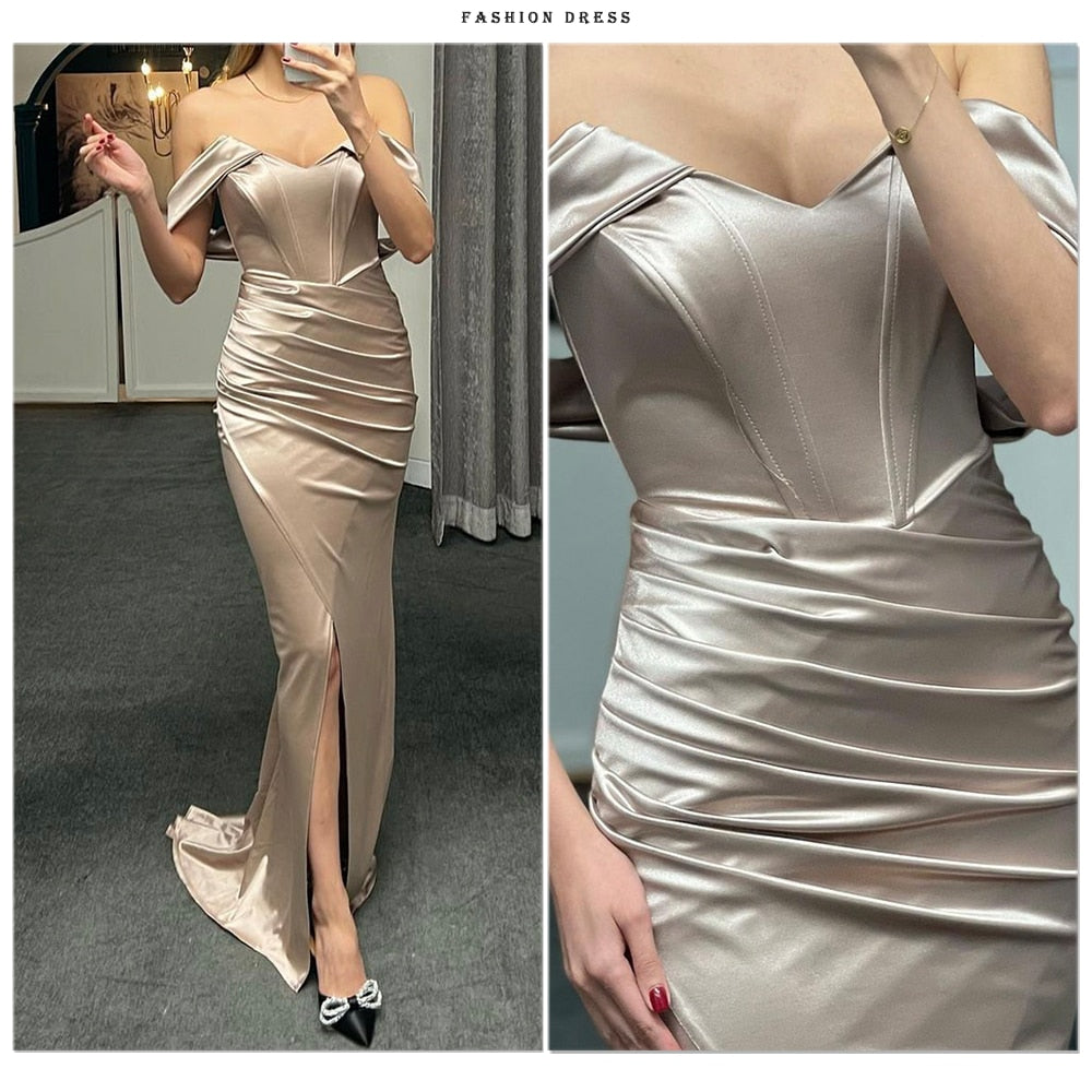 Satin Off The Shoulder Pleated Mid Split Dresses