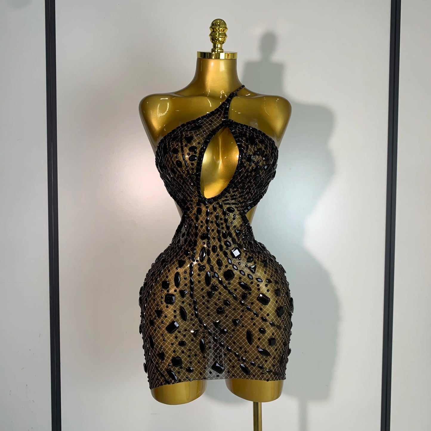 Rhinestone Hollow Backless Mesh Mini Dresses