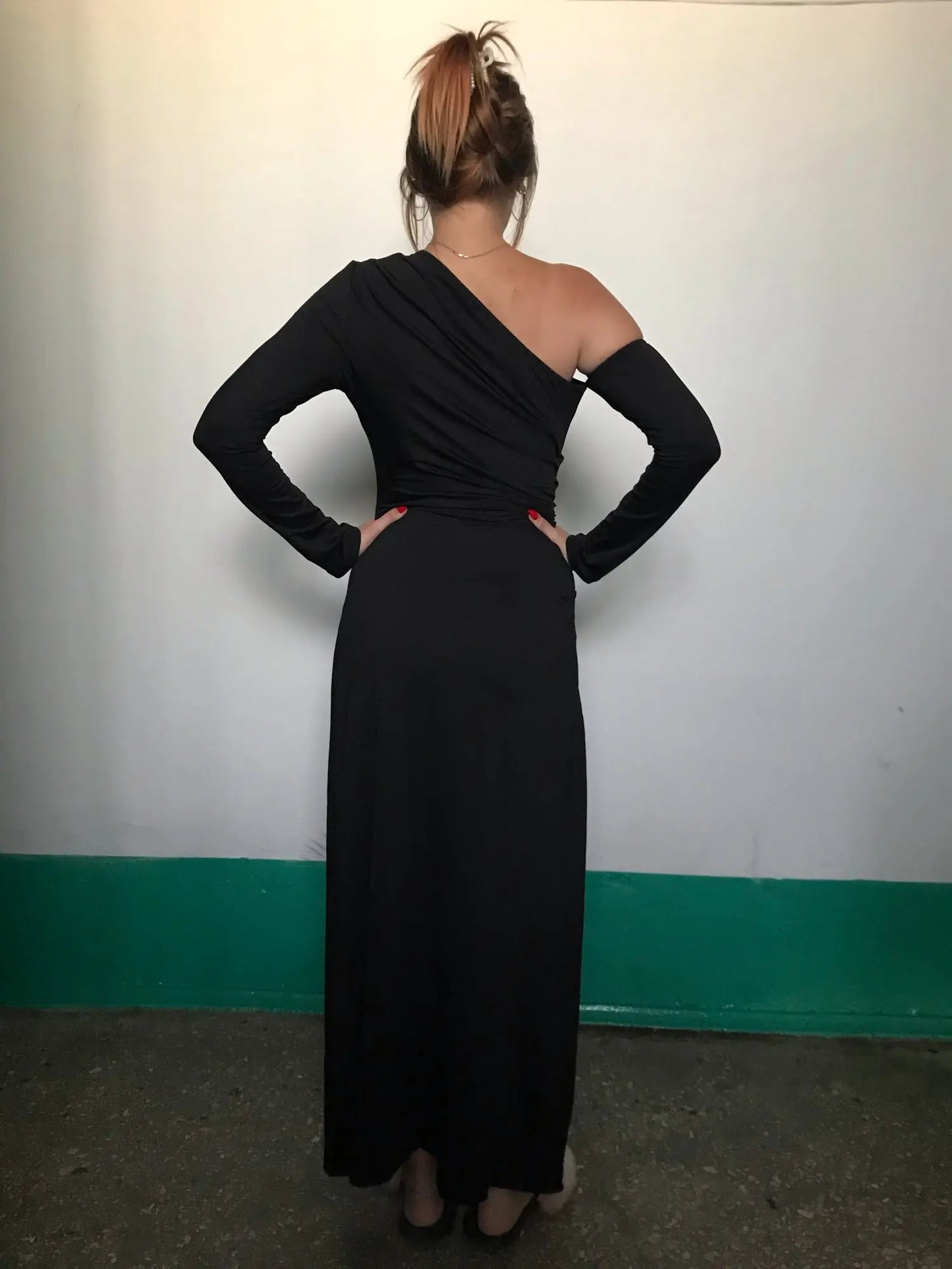 Black One Shoulder High Split Maxi Dress