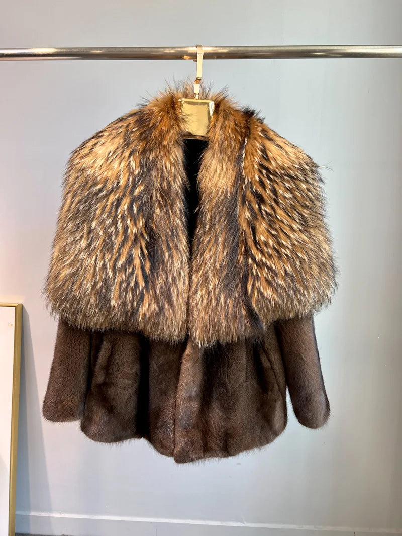 Luxury Real Mink Fur Coat Huge Fox Fur Collar