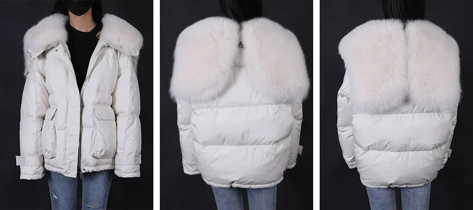 Losse Duck Down Real Fox Fur Collar Parka Puffer Coats
