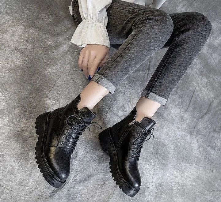 Black Platform Genuine Leather Ankle Boots
