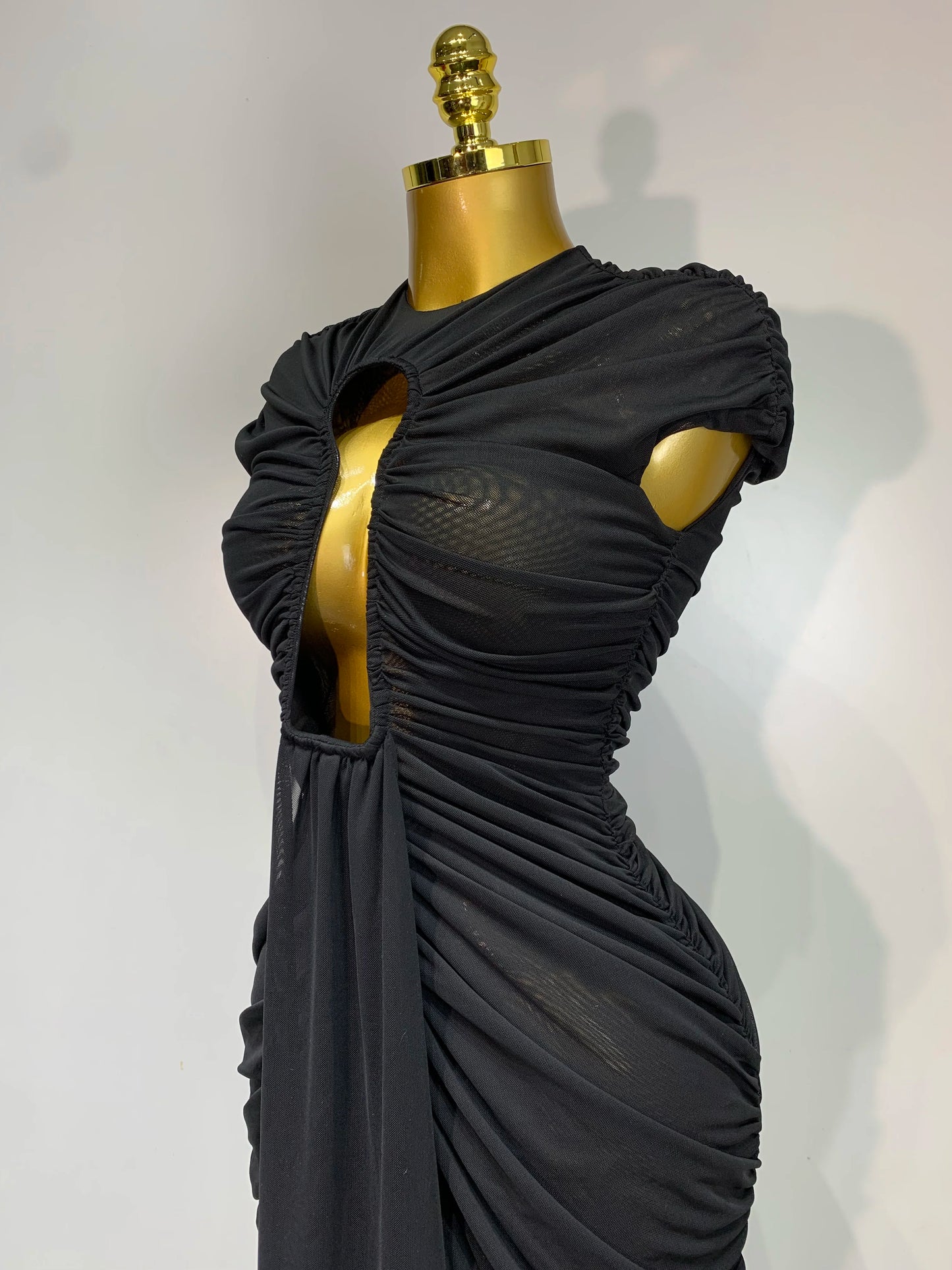 Sleeveless Open V Mesh Long Black Dress