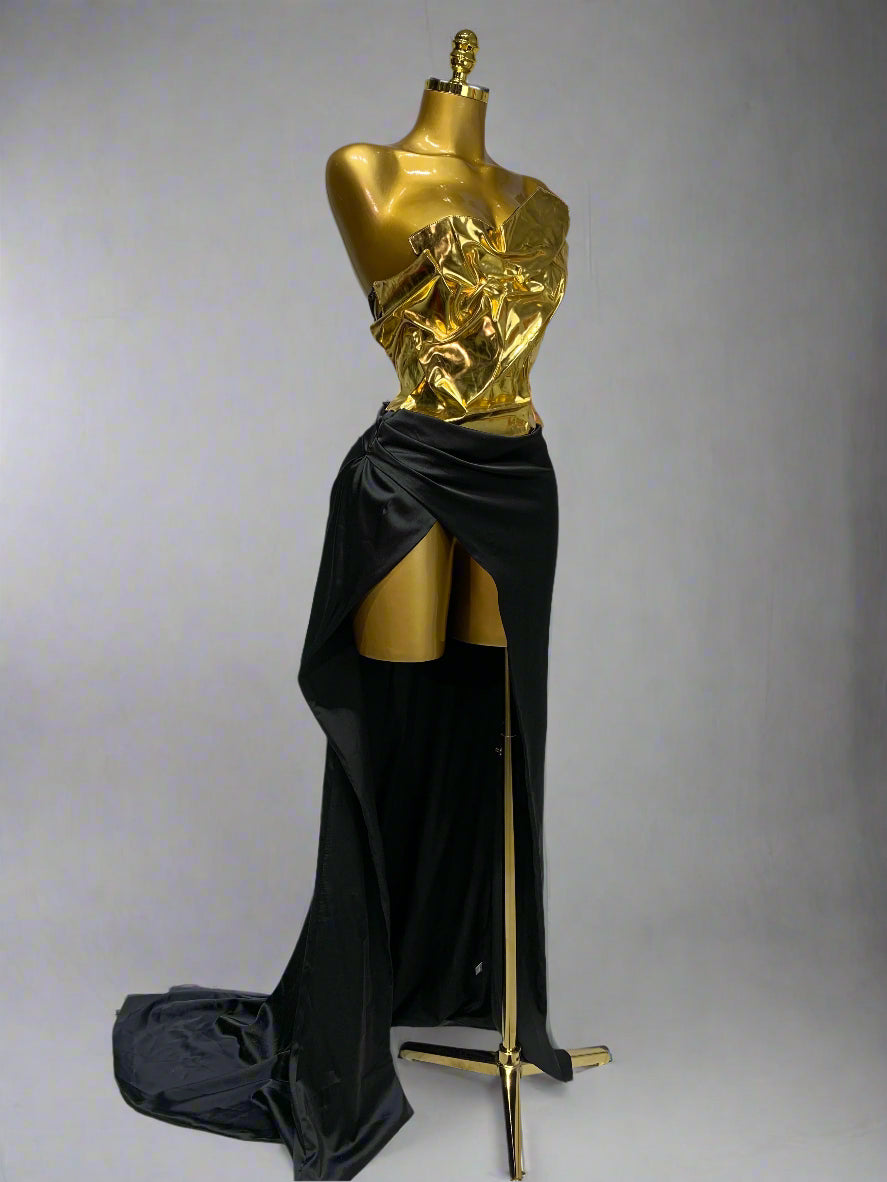 Gold Metallic Laced-up Top Long Dress