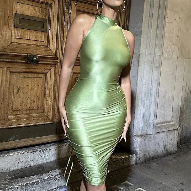 Sleeveless Hollow Back Drawstring Mini Dress