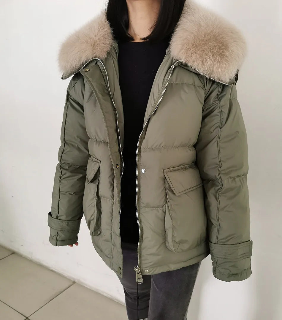 Losse Duck Down Real Fox Fur Collar Parka Puffer Coats