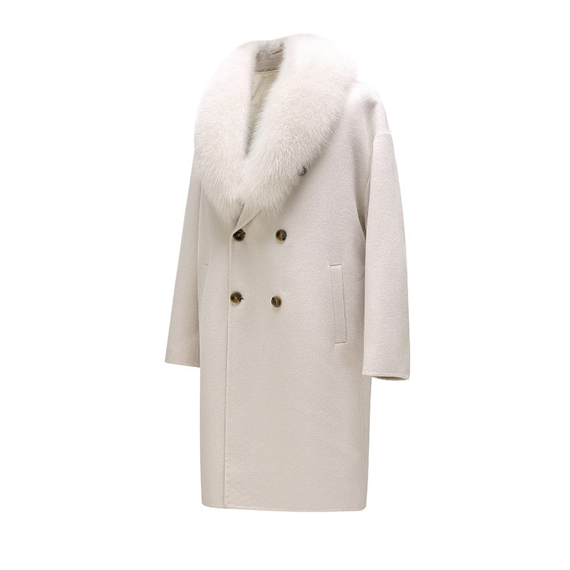 Real Wool Detachable Big Real Fox Fur Collar Long Coats