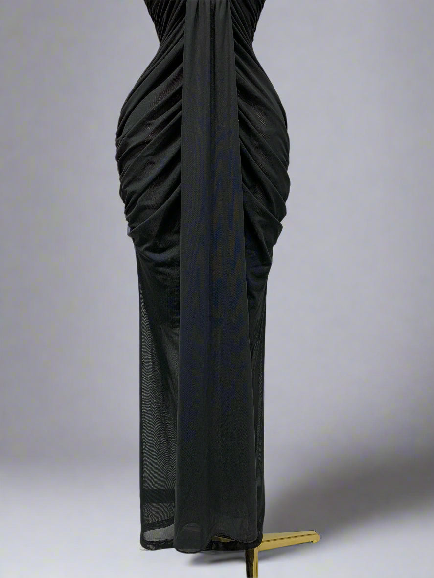Sleeveless Open V Mesh Long Black Dress