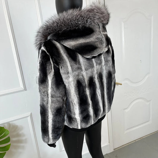 Chinchilla Style Real Fur Coat Hooded Bomber
