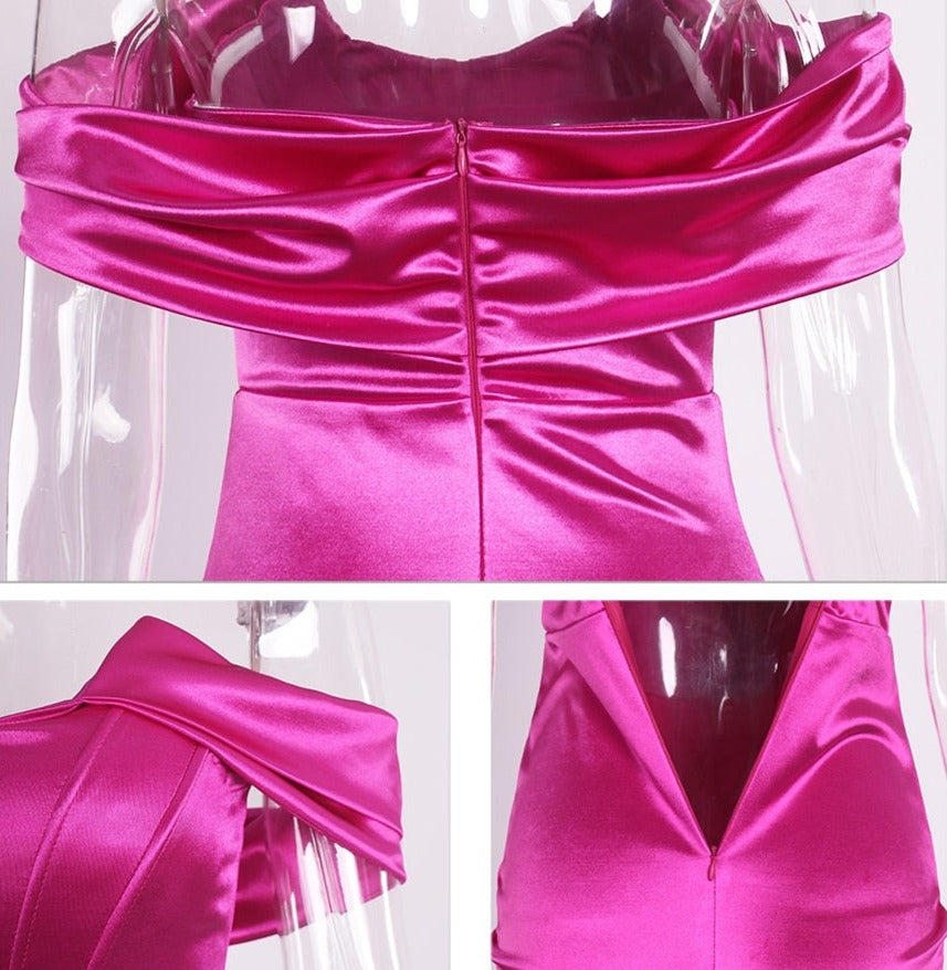 Satin Off The Shoulder Pleated Mid Split Dresses
