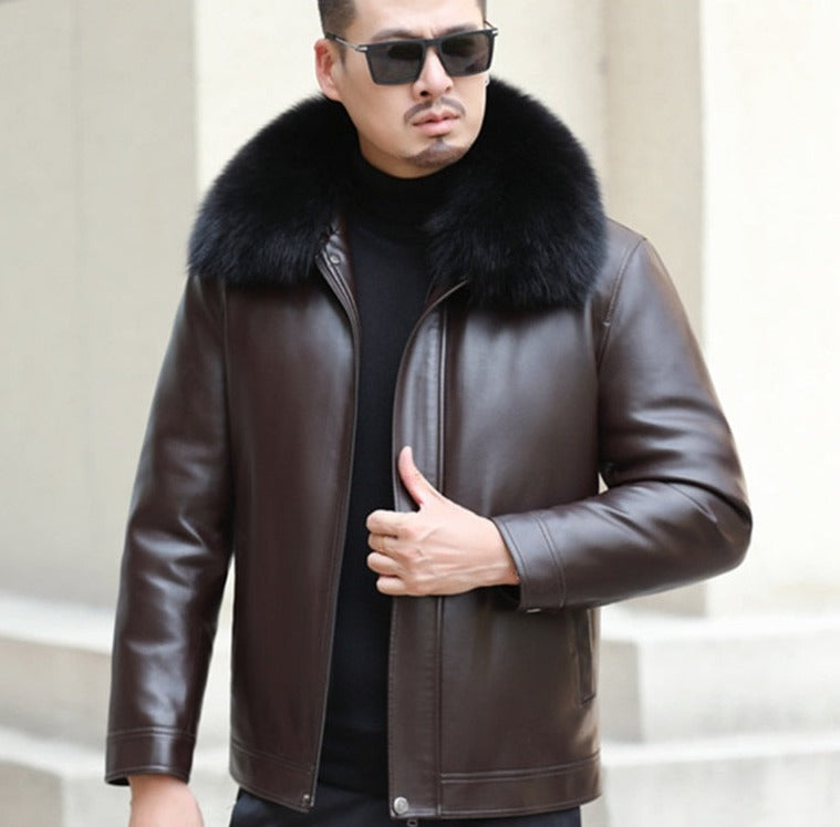 Genuine Leather Duck Down Coat Big Real Fur Collar