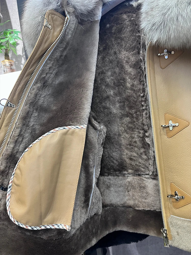 Genuine Leather Coats Real Fur Collar Merino Sheep Shearling