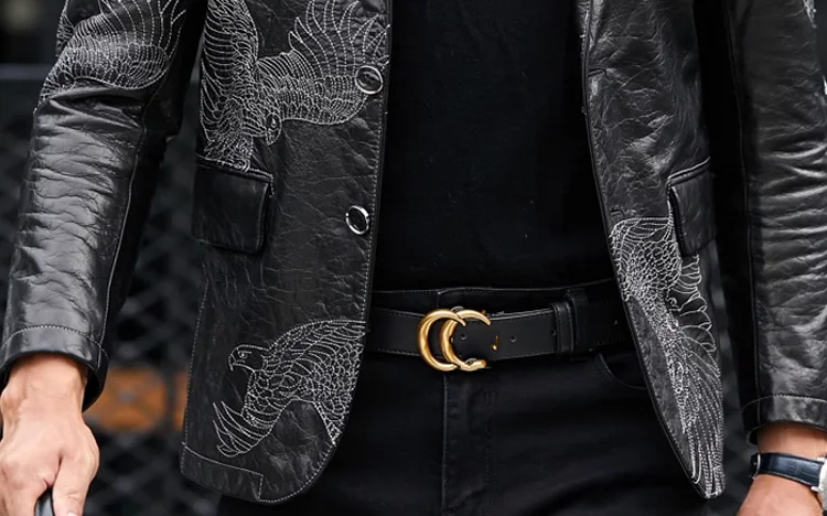 Genuine Leather Eagle Embroidery Blazer Jacket Slim Fit