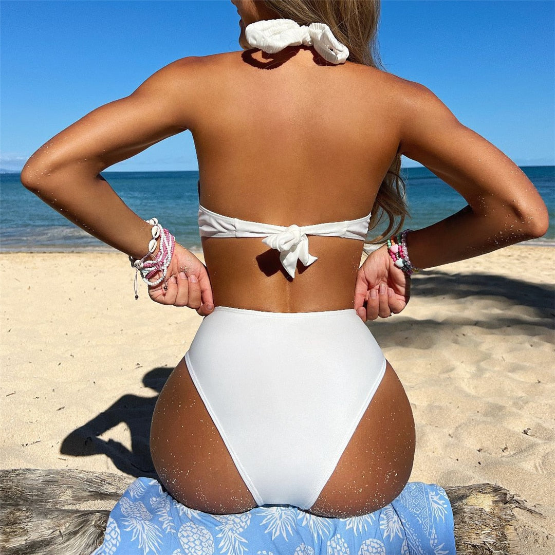 Halter Cut Out Wrinkled One Pieces