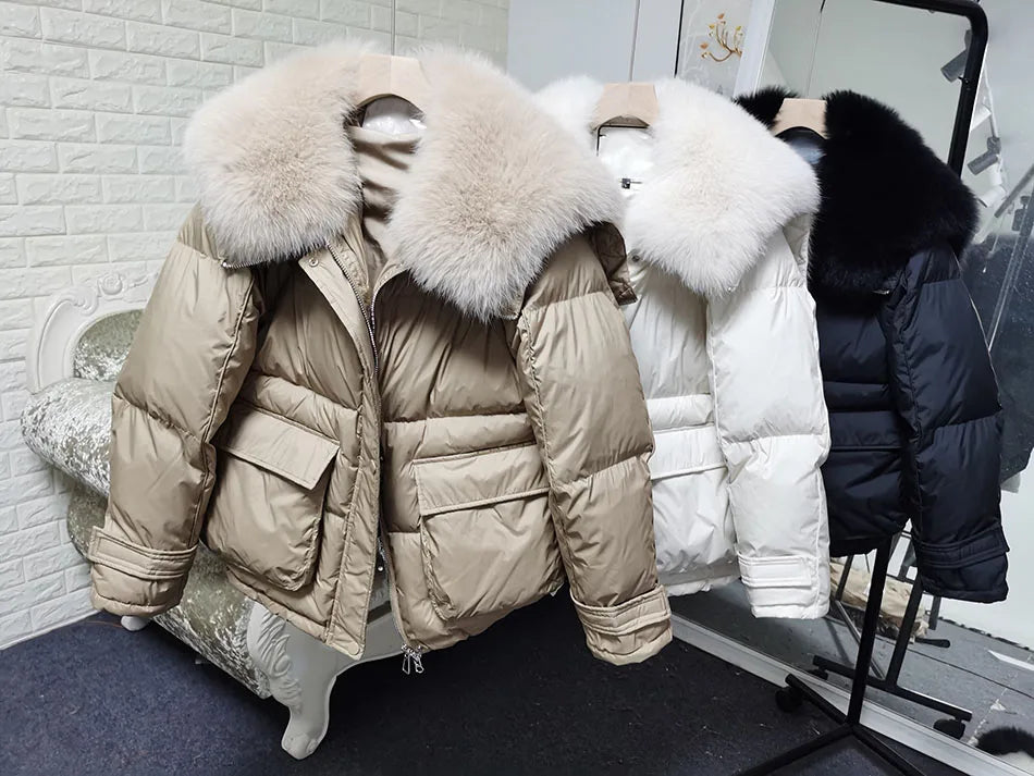 Losse Duck Down Real Fox Fur Collar Parka Puffer Coats