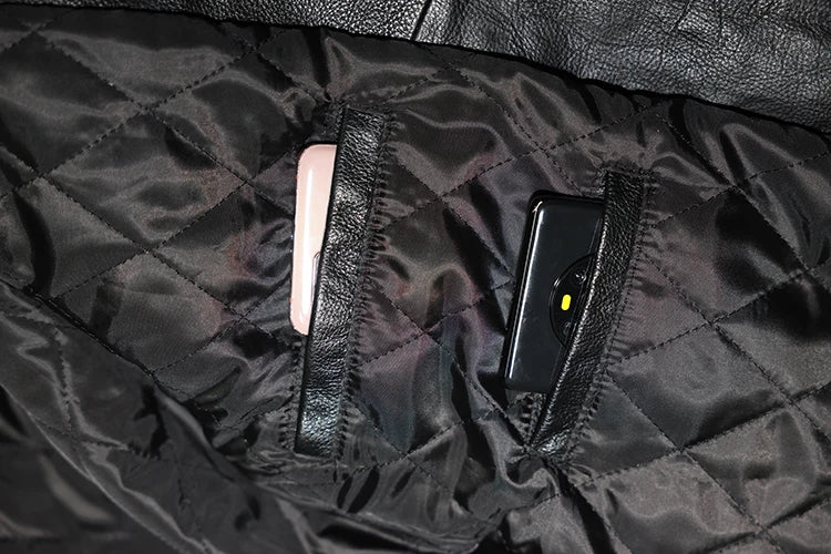 Genuine Leather Jacket Slim Fit Stand Collar Multi Pocket