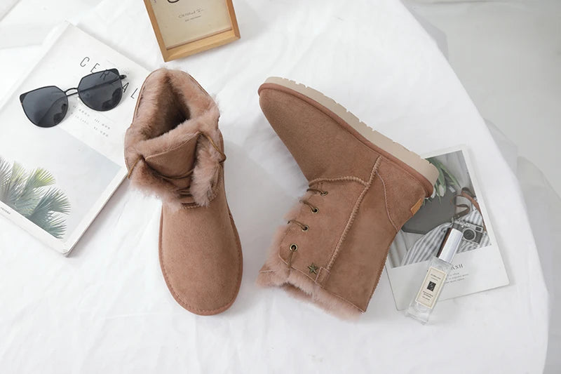 Genuine Leather Waterproof Snow Boots Real Wool