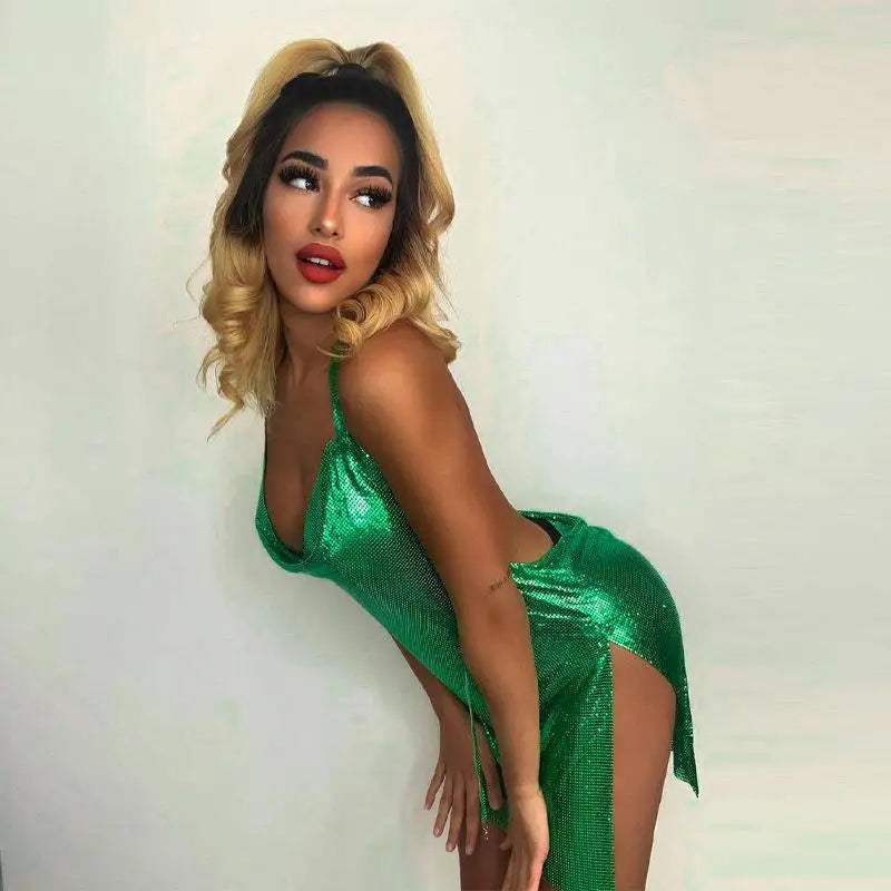 Metallic Backless High Side Split Mini Dresses
