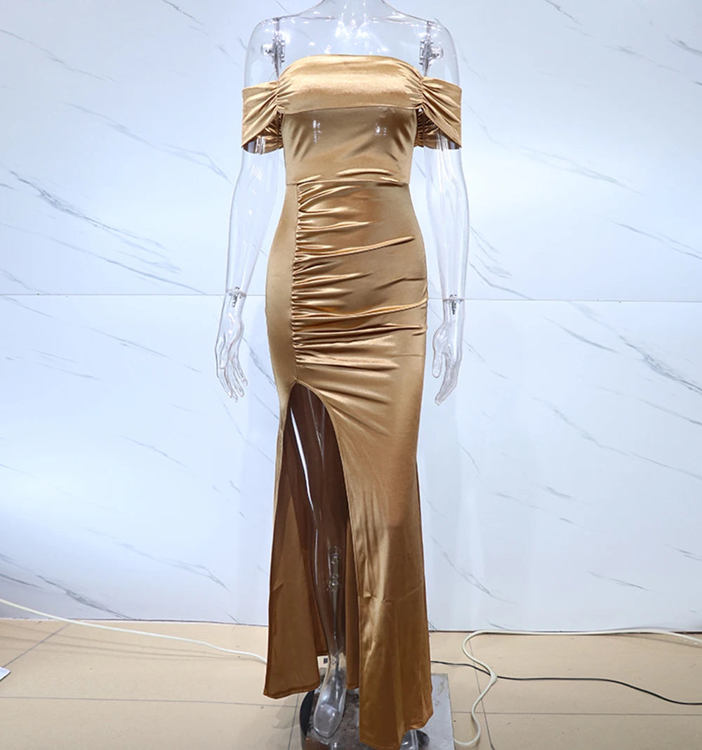 Satin Off Shoulder Split Long Dresses