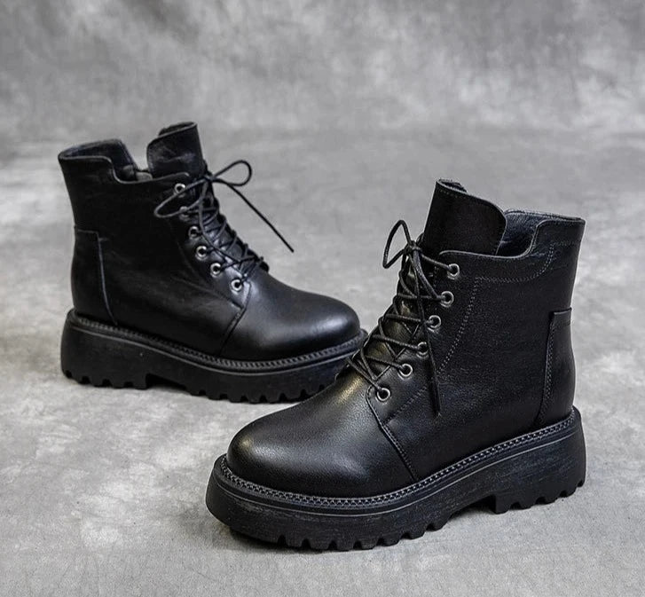 Black Platform Genuine Leather Ankle Boots