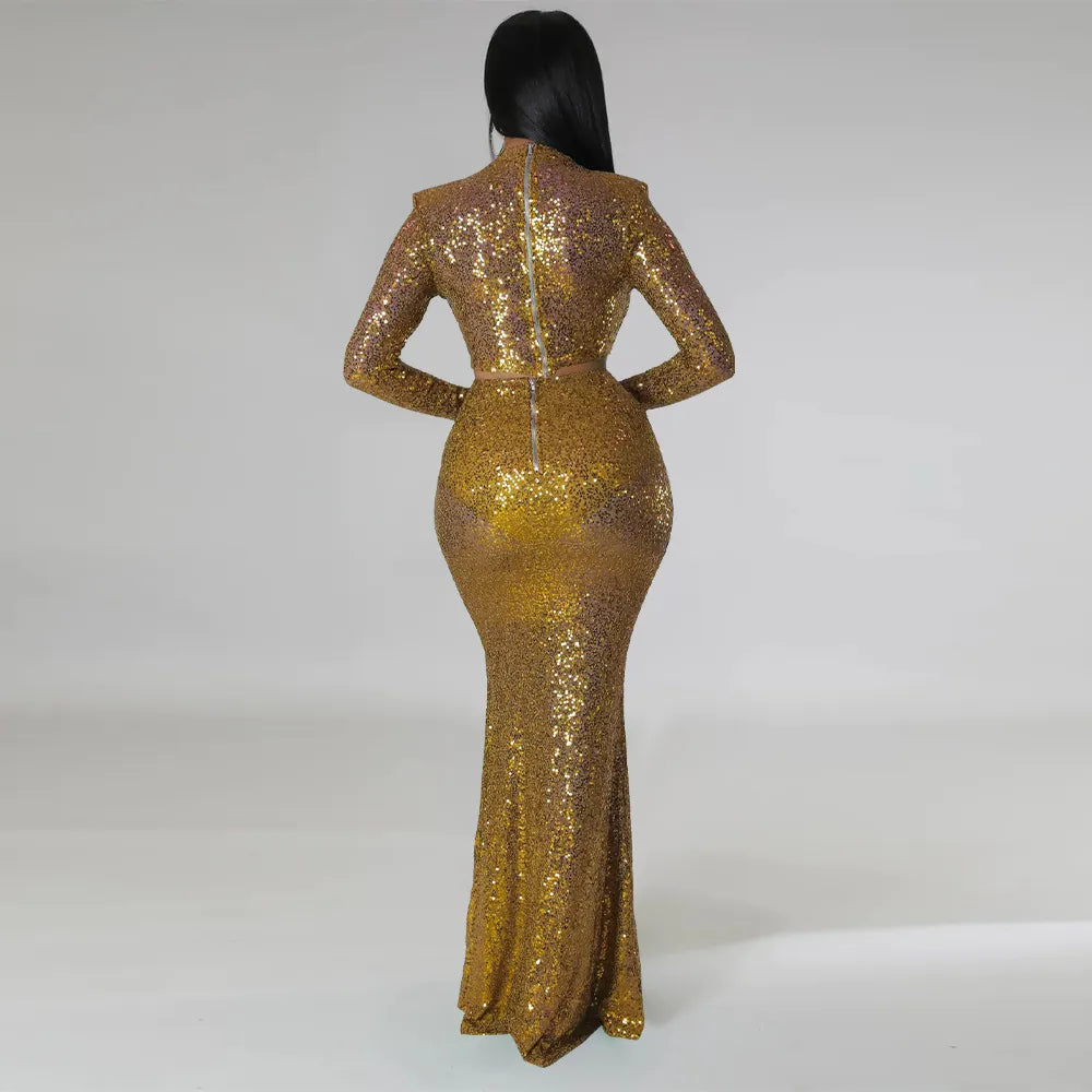 Sequins O-neck Crop Top & Maxi Skirt Sets
